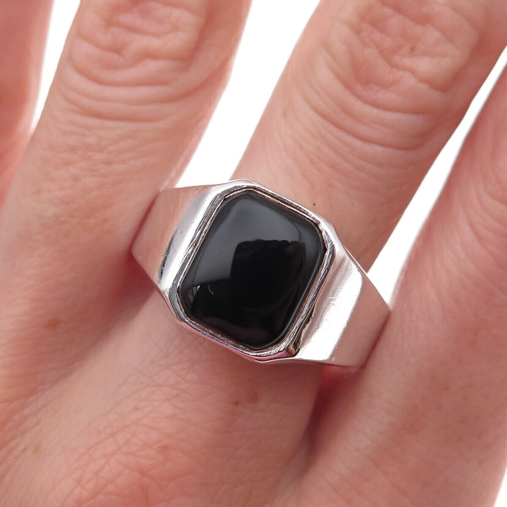 925 Sterling Silver Vintage Real Black Onyx Signet Ring Size 12.25
